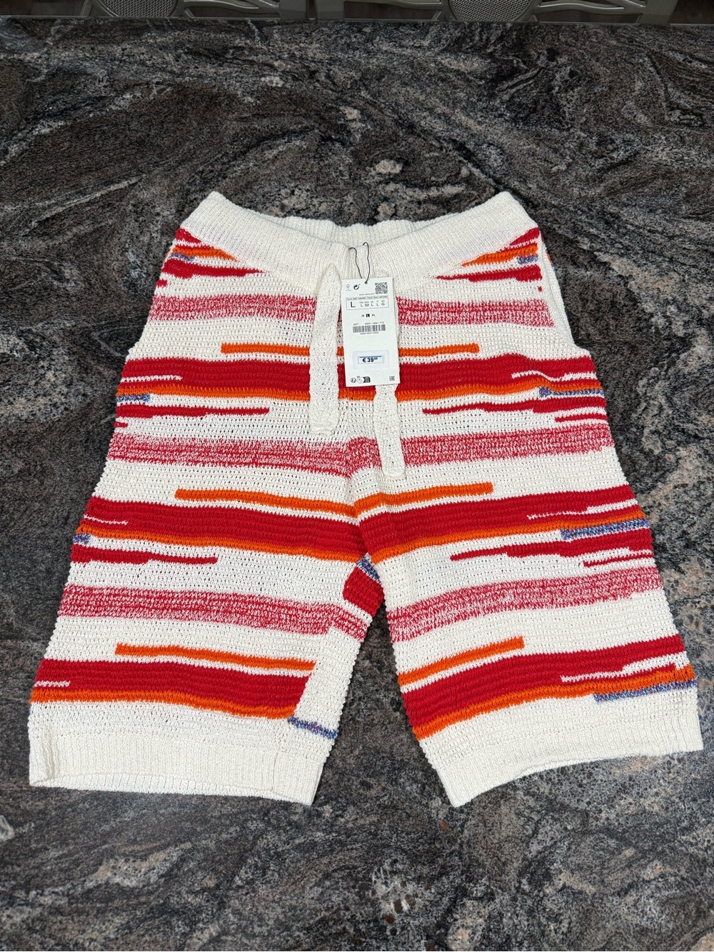 Zara Men's Striped Knit Shorts - Cream with Red & Orange Accent